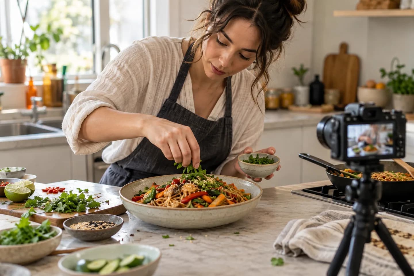 A food creator filming while plating a recipe in a sunlit kitchen