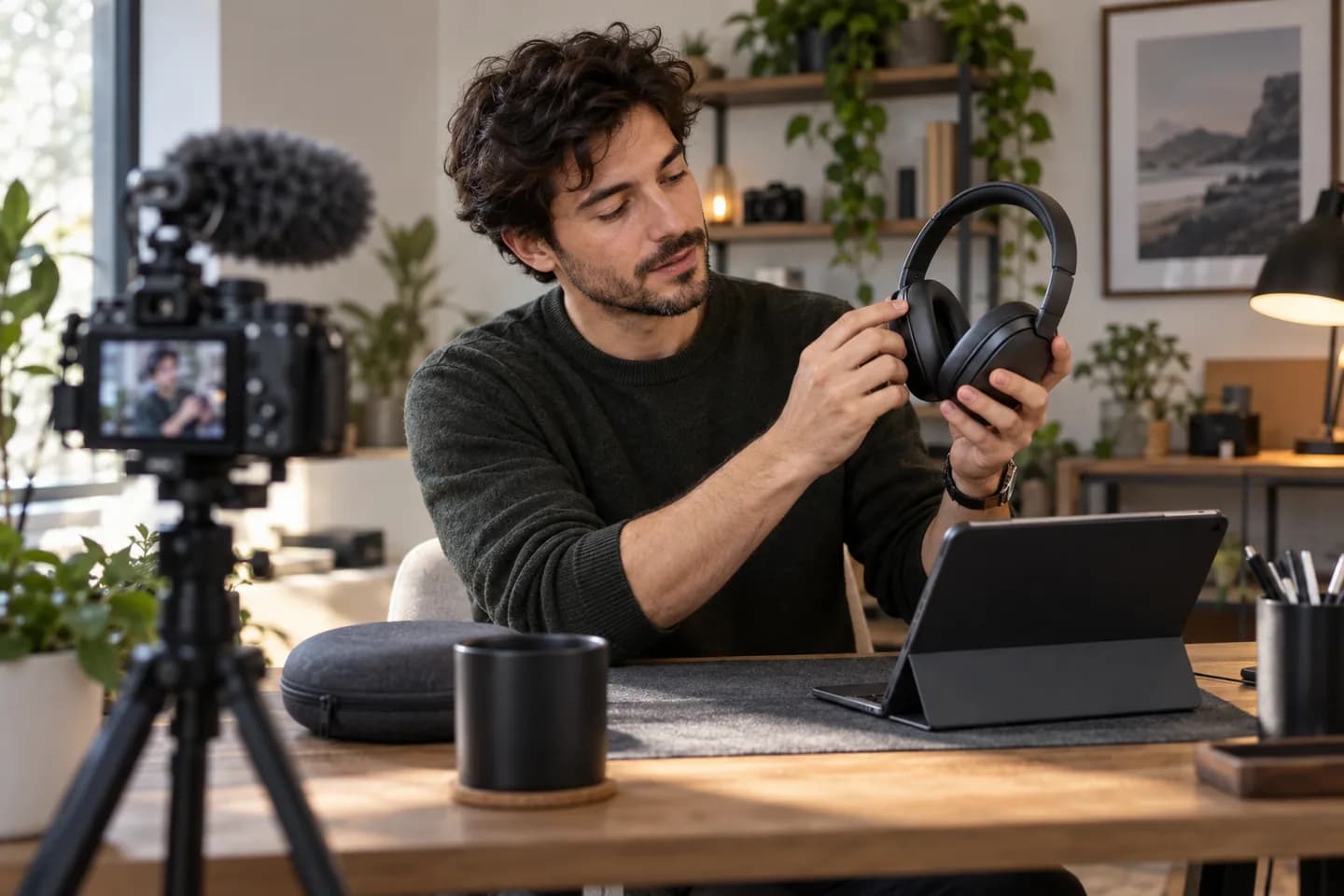 A technology creator filming a hands-on review of generic headphones