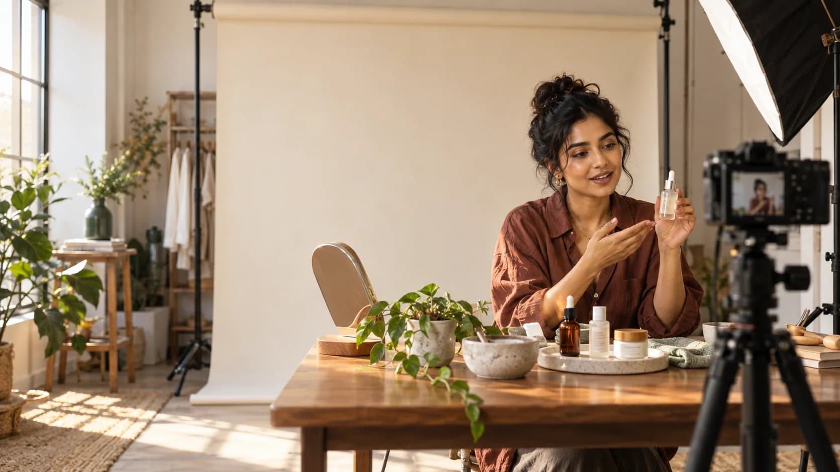 A creator filming a skincare product in her working studio